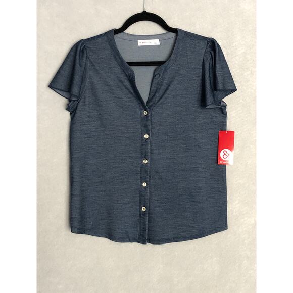 89th & Madison Top Women's Small Flutter Sleeve Split Collar Dark Indigo NEW - Picture 1 of 6